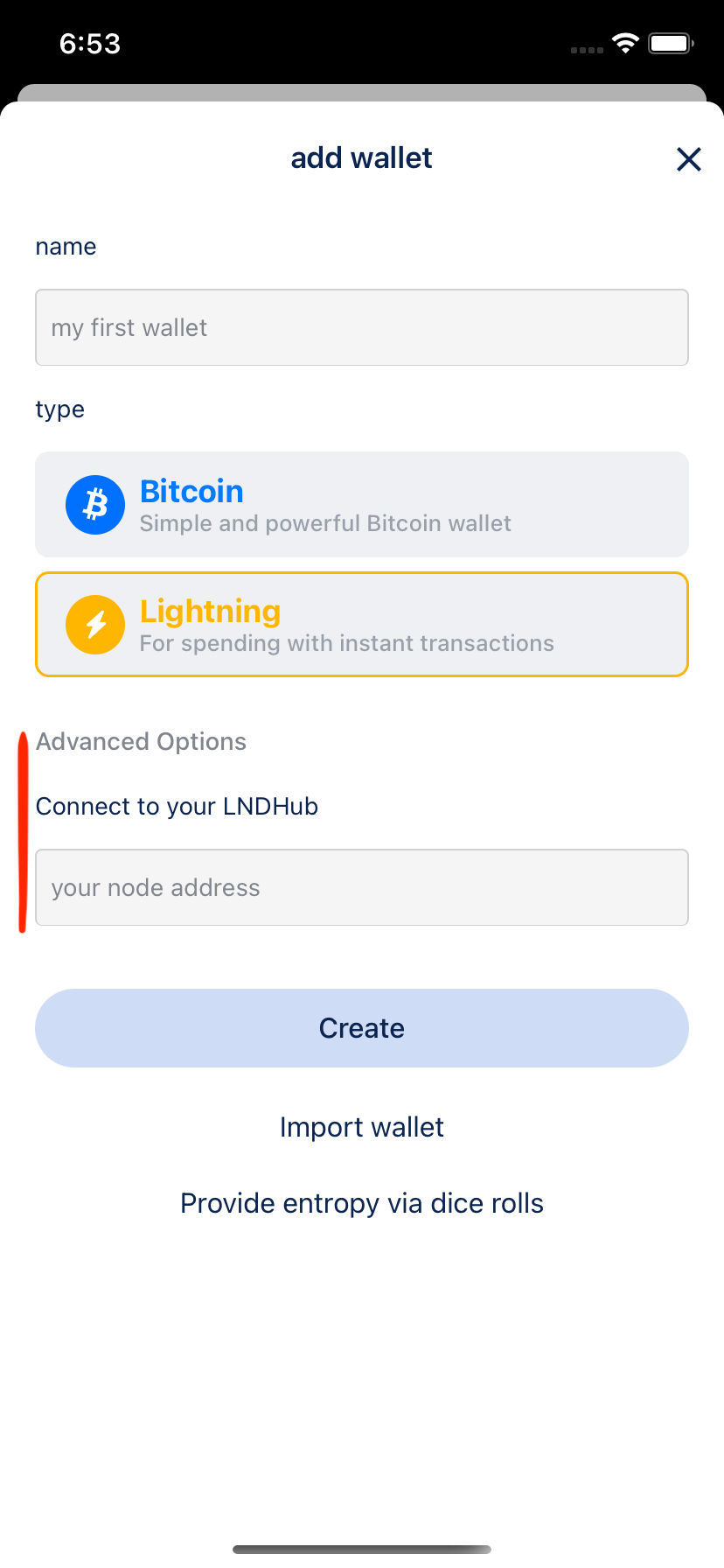 Add Lightning wallet with advanced options