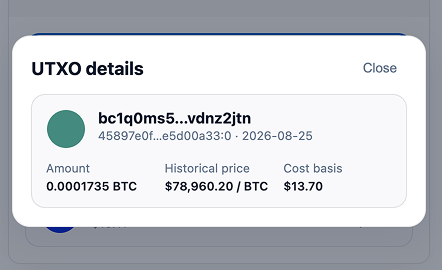 UTXO details showing amount, historical Bitcoin price, and cost basis for a confirmed coin